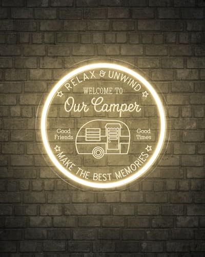 Image of Camper LED Neon Sign for Camping Party Decor, Dimmable Neon Wall Lights Signs for Backyard Patio Garden BBQ Touring Car Decoration, 3D Art Light Up Sign for Housewarming Birthday Gifts