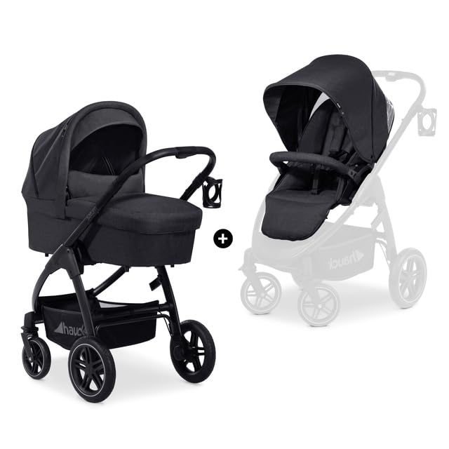 Image of Hauck Saturn R Duoset 2 in 1 Pram & Stroller - All-Terrain Pushchair with Carrycot, Reversible Seat, One-Hand Recline, UPF 50+ Canopy, Rubber Wheels, Adjustable Telescopic Handle, Foldable Design, Suitable from Birth to 4 Years (Up to 25 kg), Melange Black