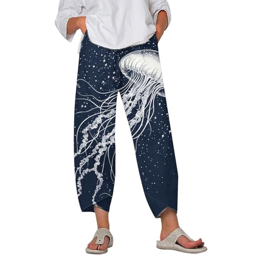 HOTYD Japanese Art Print Capri Pants for Women Elastic High Waist Cropped Pants Summer Casual Baggy Trousers with Pockets