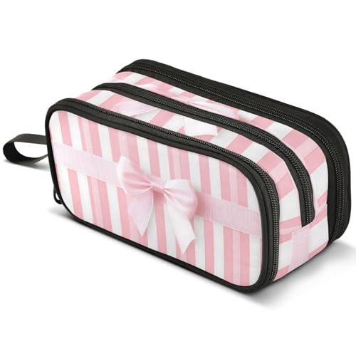 Image of ALAZA Pink Ribbon Bow Large Pencil Case, Pen Pouch Pencil Bag with 3 Compartments Pen Holder Organizer Stationery Bag