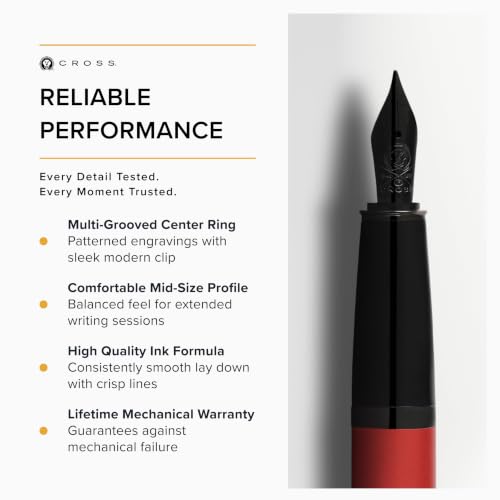 Image of Cross Bailey Matte Red Refillable Fountain Pen - Medium Point, Black Ink, Smooth Writing, Presented in a Premium Gift Box