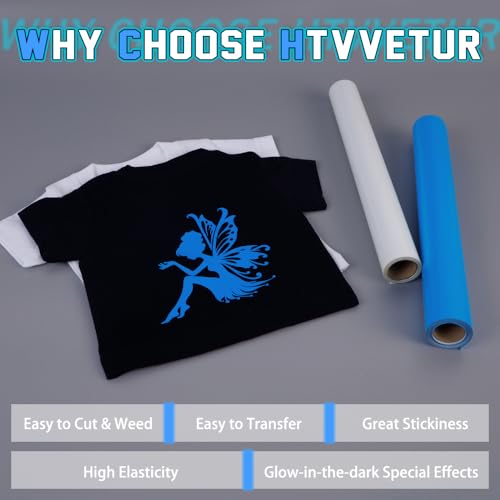 Image of HTVVETUR Glow in The Dark HTV Heat Transfer Vinyl Roll 12 Inch by 10 Feet Iron on DIY for T-Shirt PU Stretch Elastic HTV Vinyl (Dark in Glow Blue, 10FT)