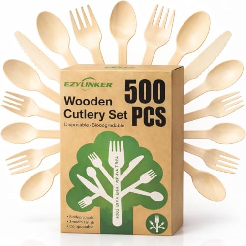 500 Pieces Disposable Wooden Cutlery Set