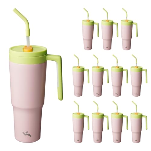 Image of Konokyo 12 Pack 40 Oz Tumblers with Handle and Straw, Bulk Vacuum Insulated Stainless Steel Travel Mugs with Lids for Office, Events and Group Orders Cherry