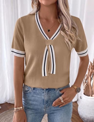 Image of Libsorge Womens Lightweight Cute Bow Tie Sweater Spring 2026 Business Casual Outfits V Neck Short Sleeve Tops