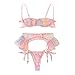 Conjunto De Lencería De Bordado Encaje para Mujer Sexy 3 Piezas Sujetador Y Panty Liga Tanga Hueco Floral Pijama Tentación Atractiva Bragas Erótica Ajustable Camisón Ropa De Dormir Ropa Interior