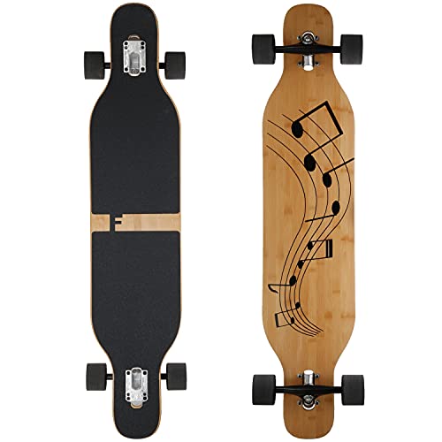 FunTomia Longboard con 3 niveles flexibles, monopatín Drop Through Cruiser, tabla completa Mach1 Speed Rodamientos T-Tool (Flex1 hasta 122 kg, música – Bambú/madera de arce)