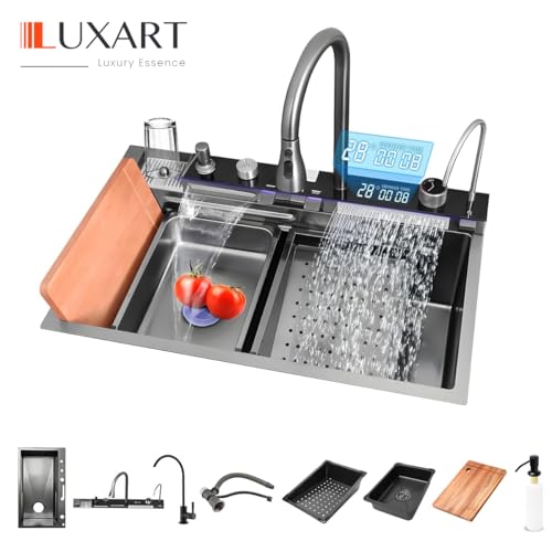 Image of LUXART 5 Switch Piano Stainless Steel Multifunction Kitchen Sink 30x18x10 Inch - LED Digital Display & RO Tap Multifunctional Sink | Honeycomb Design Smart Sink with Waterfall & 360 Pull-Down Faucet