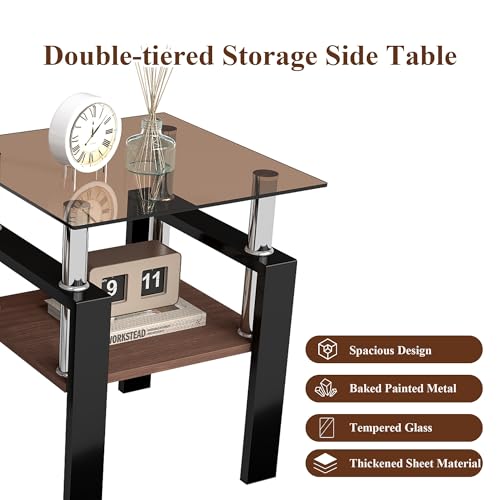 Image of Meihua Glass End Table, Square Glass Side Table, 2-Tier Modern Nightstand with Metal Legs for Living Room&Bedroom (Brown+Brown, Set of 2)