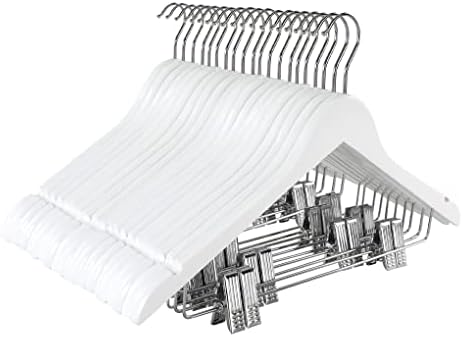 TOPIA HANGER Wooden Suit Hangers with Adjustable Metal Clips (20 Pack), Solid Smooth Wood Clothes Hangers, 360° Swivel Hook, Premium Pants Hangers for Clothes Coat, Jeans, Blouse-White,CT28W20