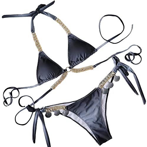 Women's Sexy Bathing Suits Gradient Color Halter Bikini Top Chain Tie Dye Two Piece Swimsuits with Shell Decoration