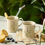 Artisanal Handcrafted Ceramic Mug with Sage Botanical Design - 10oz Off-White Stoneware Coffee Cup, Elegant Purple Sage Pattern, Dishwasher Safe, Comfort Grip Handle for Daily Use-2pack
