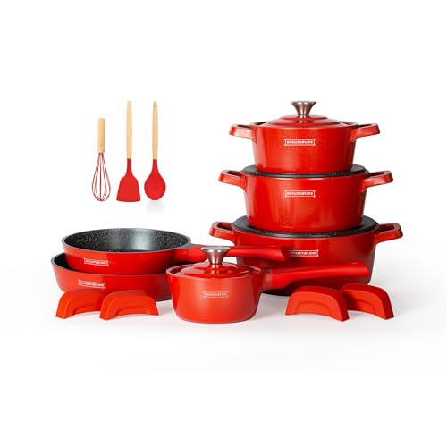 ROYALTY LINE, Juego de 14 piezas, Batería de cocina de aluminio fundido, revestimiento jaspeado, compatible con todas las fuentes de calor, con 4 mangos de silicona extraíbles, Rojo