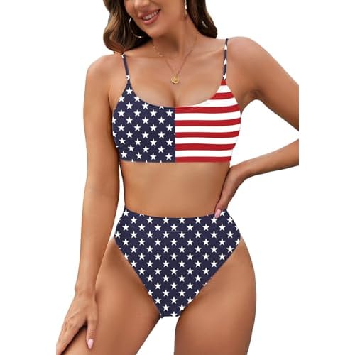 Pink Queen Plus Size High Waisted Bikini Set for Women Two Piece Cheeky High Cut Swimsuit Bathing Suit White M Medium 02 - American Flag Print