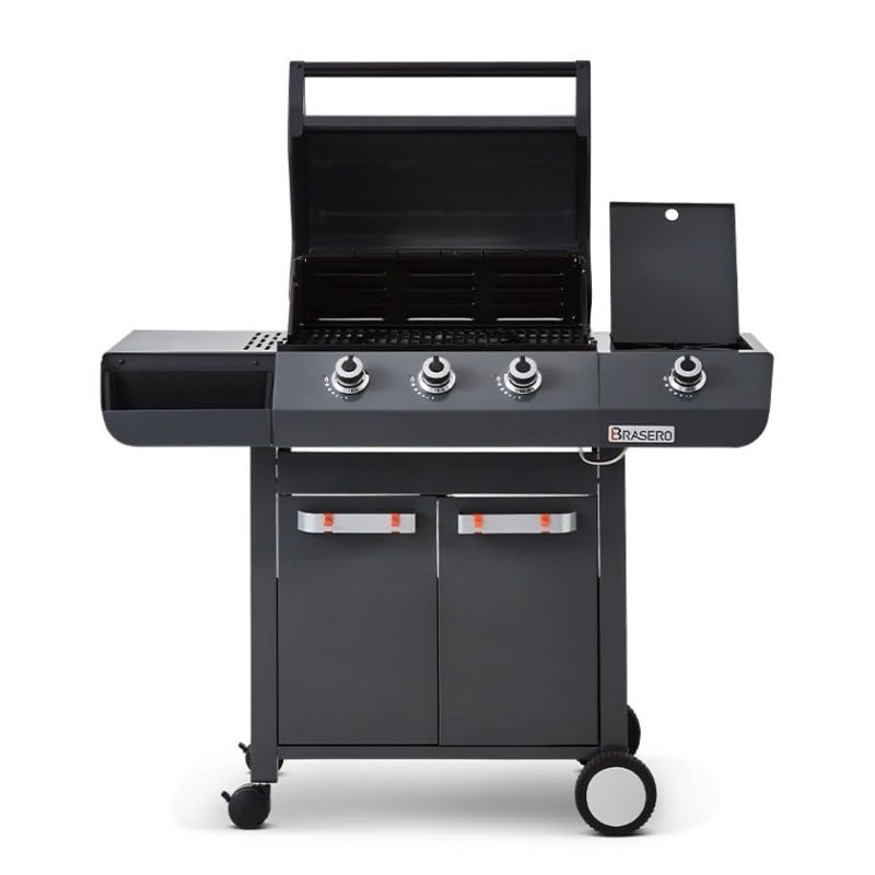 BRASERO - Barbecue Emma Gun Metal 3 Feux + 1 Side - FlexiGrill - Jusqu'à 10 convives - Surface de cuisson 57 x 41,5 cm - 2 Tablettes dont 1 brûleur latéral - Housse de protection