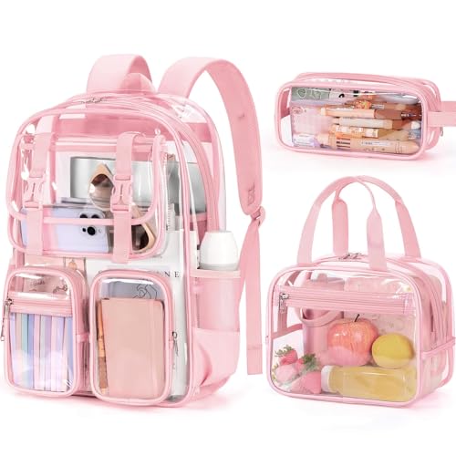 Fimibuke Clear Backpack for Girls - 3 PCS Heavy Duty Kids Clear Bags Schoolbag Large Transparent PVC Bookbag with Lunch Box Pencil Case Set for Travel School Concert Stadium Events Backpacks