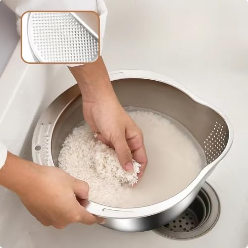 Image of Onrpix Multipurpose Stainless Steel Colander Basket for Washing Rice, Fruits, Vegetables, Grains, Strainer Drainer Bowl with Handle, The Kitchen Bowl (27CM)