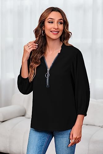 Cnkwei Womens V-Neck Lantern Sleeve Blouse Zipper Design Loose Casual Top Shirts Black #TOP2