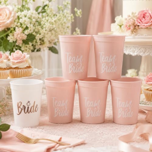 Image of Wanna Party Team Bride Cups Set of 6 | 5 Pink Team Bride Cups + 1 White Bride Cup | Bachelorette Party Cups, Bridal Shower Tableware, Hen Party & Bride Tribe Accessories