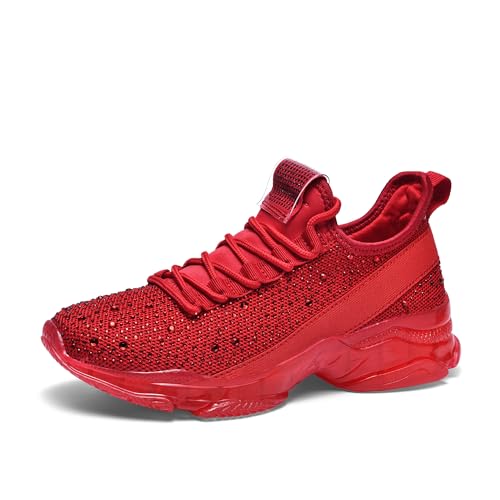 LUCKY STEP Damen Strass Sneaker Glitzer Mode Slip-on Turnschuhe (Rot, 8US-38EU-5UK)