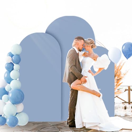 Image of FOTSHARER Dusty Blue Backdrop Arch Cover Set of 3 Arched Backdrop Cover 7.2FT, 6.6FT, 6FT Wedding Arch Stand Covers Chiara Arched Covers Spandex for Wedding Anniversary Birthday Party Balloon Decor