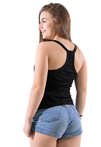 Camisa Canelada Listrada Regata Básica Feminina Nadador (G, PRETO)