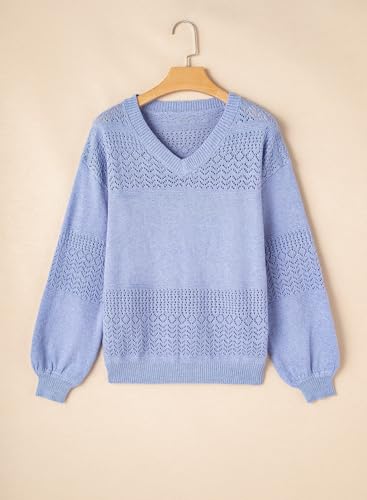 Image of SHEWIN Women's Sweaters Casual Long Sleeve V Neck Crewneck Lightweight Crochet Pullover Sweater Tops