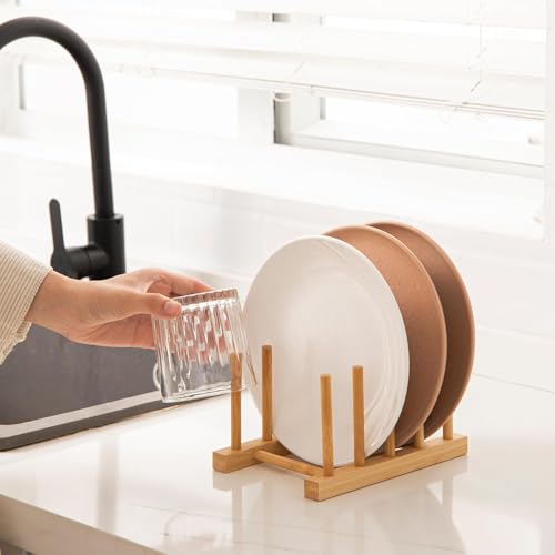 Image of CURATED CART Wooden Plate Organiser for Kitchen | Plate Stand Rack for Decor | Cabinet Plate Holder | 4 Adjustable Slots for Plates, Cup, Bowl & Dish Storage | Bamboo Wood (11x21cm)
