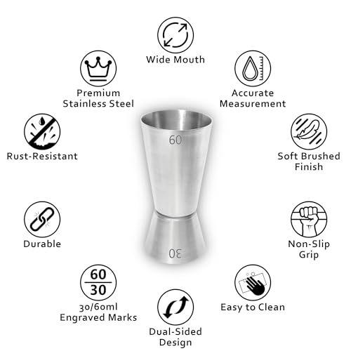 Image of Lamina Set of 2 Stainless Steel Tall Peg Measure (30 /60 ml, Silver) Double-Sided Cocktail Jigger for Home, Kitchen, Hotels & Professional Bartenders - Drink Measuring Bar Tool (with Box).
