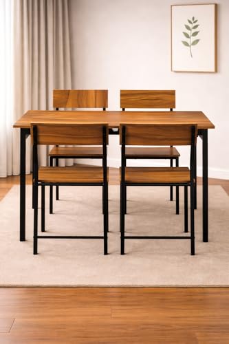 Image of Dining Table Set of 4, 4 Seater Dining Table with Chairs, Engineered Wood Top & Metal Frame, Space Saving Compact Rectangular Dining Table for Home & Kitchen (Teak Walnut- DIY)