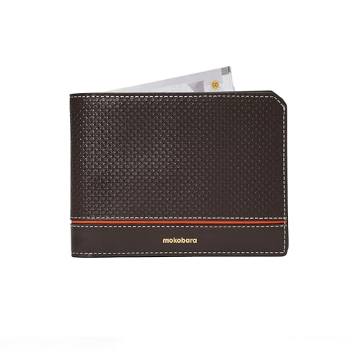 Image of MOKOBARA Stash Slim Bifold Wallet for Men | Geometric Textured | Genuine Leather | RFID Protected | Holds Up to 6 Cards | Single Currency Compartment | Ka-Ching (Brown)