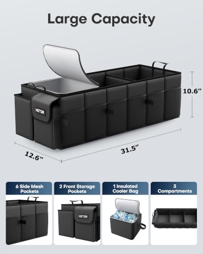 HOTOR Trunk Organizer, Sturdy Foldable with Cooler for Car & SUV, 3 Compartments, Black, 31.5” x 12.6” x 10.6” - Image 4