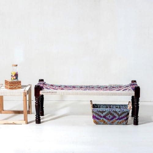 Image of Wooden Bench for Seating | Handcrafted Sheesham Wood Bench for Living Room, Balcony & Garden | Traditional Patio for Outdoor with Cotton Handwoven Rope | White and Multicolor