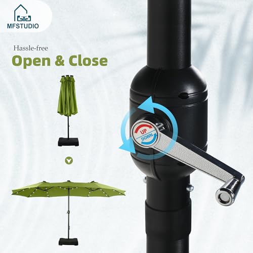 MFSTUDIO 15ft Double Sided Patio Umbrella with Solar Lights, Outdoor Large Umbrellas with Crank Handle and 36 LED Lights, Rectangular Market Umbrella with Base Included for Deck Pool Shade, Lime Green