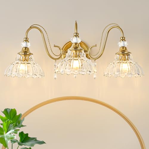 Image of Vintage Bathroom Vanity Light, 3-Light Brushed Gold Finish Wall Sconce with Hanging Crystal Accents and Flower-Shaped Clear Glass Shades, Retro Wall Mount Vanity Light Over Mirror for Bathroom