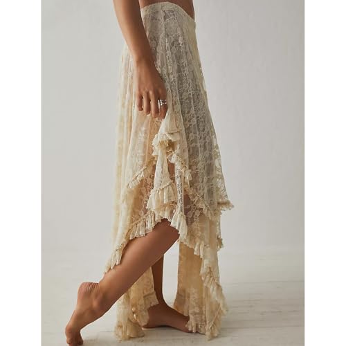 Women Lace Long Skirt High Waist Ruffle Irregular Hem Layered Skirt Solid Sheer Y2k Summer Outfit2