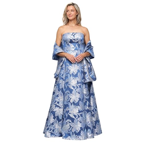Image of Alex Evenings Women's Long Strapless Printed Jacquard Gown with Matching Shawl