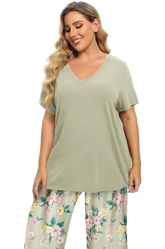 Image of Vozanet Women's V Neck Sexy Pajamas Capri Sets Mexican Style Floral Sleepwear 2PCS Totem Casual Nighty Plus Size M to 5XL
