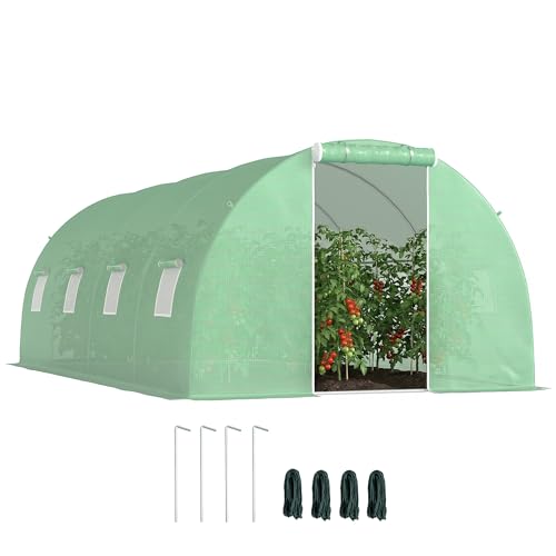Outsunny Invernadero de Exterior 6x3x2 m, Invernadero de Túnel con Puerta Enrollable, 8 Ventanas de Malla, Cubierta PE 140g/m² y Marco de Acero Galvanizado, Anti-UV, Impermeable, para Cultivos, Verde