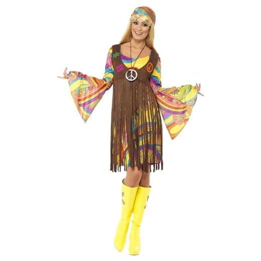Smiffys, Dam 60-tals Groovy Lady kostym, klänning, väst och pannband, hippie, 35531, brun, M