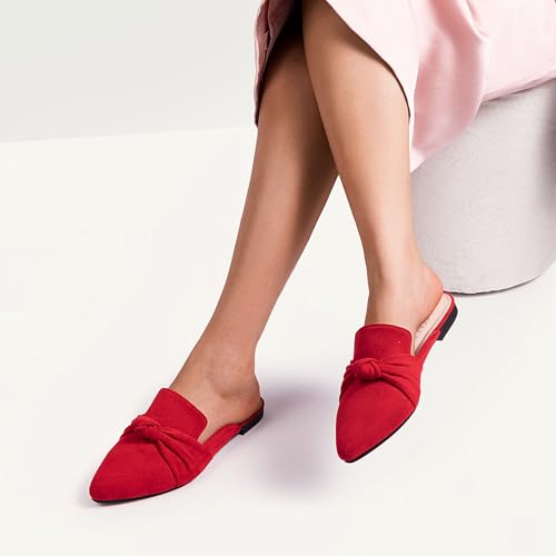 Image of MUSSHOE Mules for Women with Bow Knot: Pointed Toe Flats - Cloud-Cushion Suede Backless Loafers for Office & Casual Wear - Wide-Fit Friendly Slip On Slides with Memory Foam