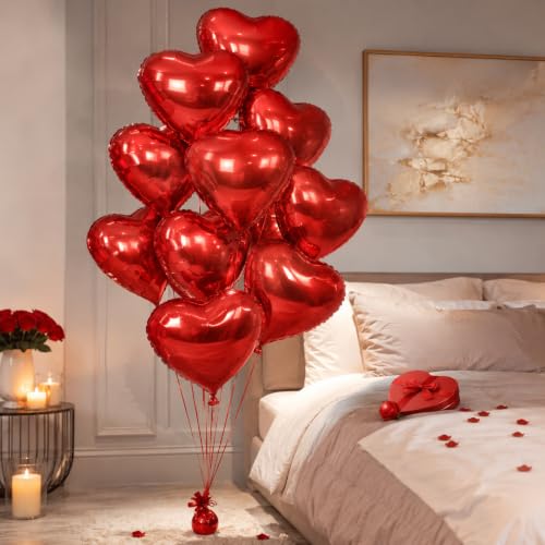 Image of Wanna Party Pack of 10 Red Heart Shaped Foil Balloons, Helium Quality Balloon Bouquet for Anniversary, Wedding, Proposal, Birthday & Romantic Party Decoration-18 inch