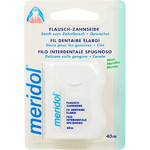 meridol Flausch-Zahnseide, 40m - Zahnseide zur gründlichen und sanften Reinigung der Zahnzwischenräume, verringert das Risiko für Entzündungen des Zahnfleisches mit frischem Mint-Aroma ,(1er Pack) Cover