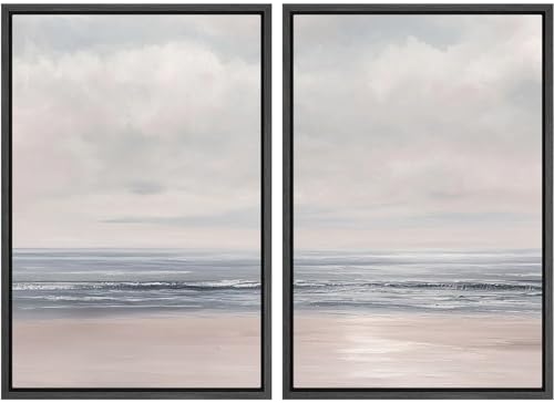 SIGNLEADER Framed Canvas Print Wall Art Calm Neutral Ocean Horizon Seascape Illustrations Modern Art Decorative Minimal Relax/Calm for Living Room, Bedroom, Office - 24"" x36 x2 Black