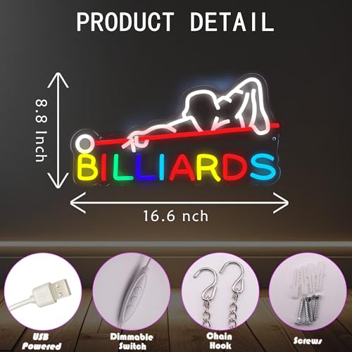 Image of Billiards Neon Sign, USB Powered LED Pool Room Decor | Pool Hall Wall Decor for Game Room, Man Cave, Bar, Party Decoration and Billiards Player Gift