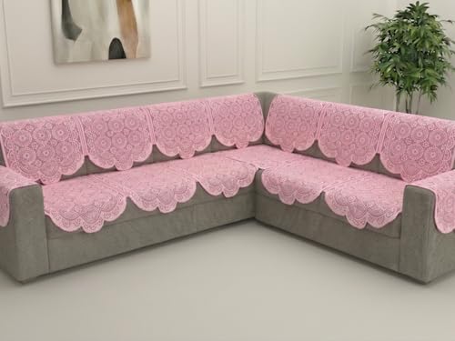 Image of Fab Nation Sofa Cover L Shape 6 Seater with Corner L Type Fully Covered Sofa Set for Living Room | Cotton Sofa Slipcovers for 3 + 3 Seaters Cover with 2 Arms | Pink Circle