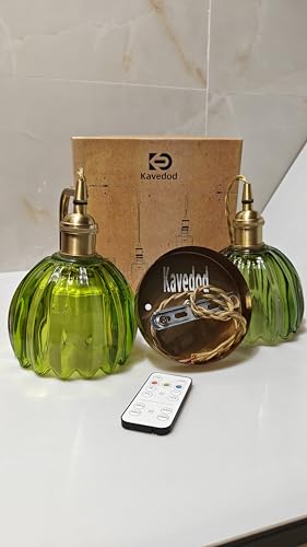 Image of Battery Operated Wall Sconces 3CCT Dimmable Wireless Sconces Set of 2, Vintage Light Fixture with Green Tulip Glass Lampshade Wall Decor Set of 2 for Bedroom Bedside Bathroom Hallway