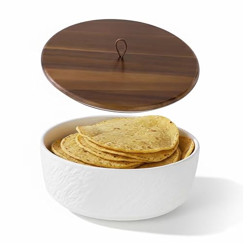 Ceramic Tortilla Warmer with Wooden Lid & Silicone Seal 8 Inch Insulated Tortillero Microwave & Oven Safe Keeps Tortillas Pancakes & Roti Warm and Soft for Mexican Dinners & Parties