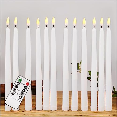White Flameless Taper Candles with Remote, Flickering LED Candlesticks Battery Powered Set of 12