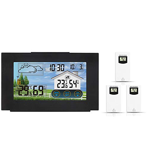 Wetterstation Touchscreen Digitaler drahtloser Innen-Außensensor Thermometer Hygrometer Wecker Barometer Vorhersage Farbe, 3 Stück